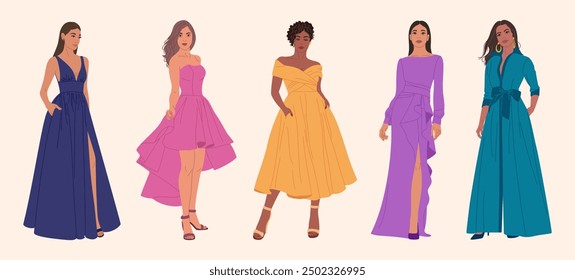 Set of diverse young women in evening dresses. Beautiful girls in formal clothes for event or party. Hand drawn vector illustration isolated on white background. Modern flat cartoon style.