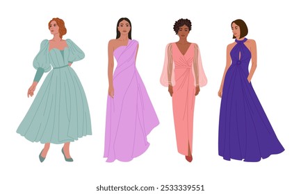 Set of diverse young women in evening dresses. Beautiful girls in formal clothes for event or party. Hand drawn vector illustration isolated on white background, flat cartoon style.