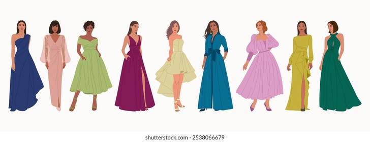 Conjunto de mulheres jovens diversificadas em vestidos de noite. Meninas bonitas em roupas formais para evento ou festa. Ilustração vetorial desenhada à mão isolada sobre fundo branco, estilo de desenho animado plano.