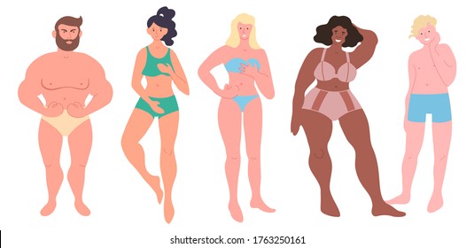 Conjunto de jóvenes diversos que usan ropa interior. Retratos corporales completos de hombres y mujeres, diferentes razas. Niñas y chicos con diversas complejidades y colores de piel. Colección vectorial aislada