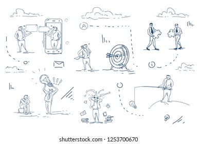 set diversity business people success concept businessman hard working process on white background sketch doodle