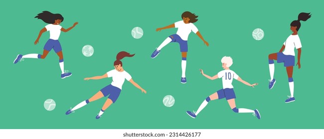 Reihe von Diversität weiblichen Fußballspielern Illustrationen. Frauen in weißblauem Sport tragen Kugelfußballfeld. Isolierte Vektorgrafik-Sammlung. Frauenliga, Mädchenteam, Sportlerinnen