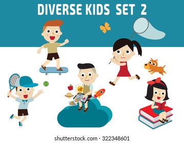Set of diversity full length kids. set 2character icons isolated on white and blue background.childhood graphic illustration concept.