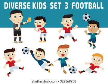 Set of diversity full length kids. set 3
football concept.
character icons isolated on white and blue background.
childhood graphic illustration concept.