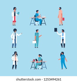 set diversity medical workers stethoscope icon mix race male female silhouette full length healthcare concept flat