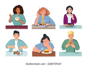 A set of diversity people who sit at tables and eat a variety of food. Happy people are having lunch. Healthy food and fast food. Vector illustration in cartoon style