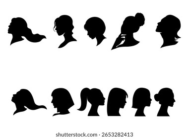 Set of diversity women silhouette portraits. Female head, face profile, vignette. Hand drawn illustration for invitation, postcard. Portraits of beautiful girls with a hairstyle.