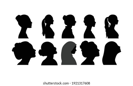 Set of diversity women silhouette vector icon.
