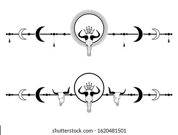 set of dividers with animal skulls, moon and drops in black and white colors