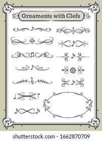 Set of dividers and frame with clefs. Vector illustration.