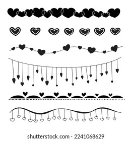 Set of dividers with hearts for Valentine's Day card. Vector illustration. Hand draw elements.