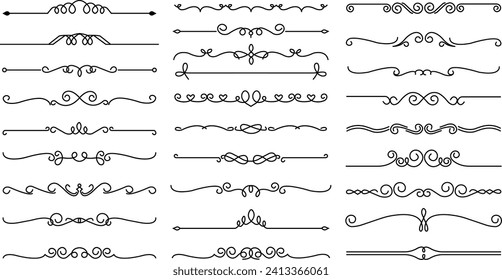 Iconos del conjunto de divisores. Ornamento divisor, bordes de esquina. Vectores dibujados a mano sobre fondo transparente. El contorno firma el kit de elementos de bordes. Decoración de páginas iconos lineales rotura de papel, decoraciones de libros.