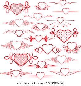 Set of dividers with the image of the heart. Vector illustration 