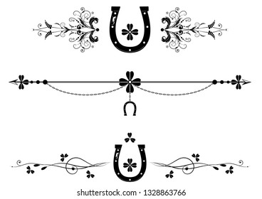 set of dividers with shamrock, horseshoe, chain and lizard in black and white, St. Patrick's day