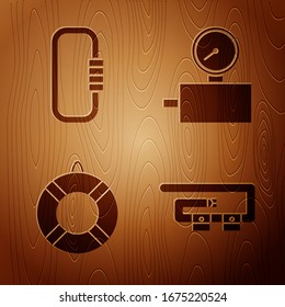 Set Diving belt, Carabiner, Lifebuoy and Gauge scale on wooden background. Vector