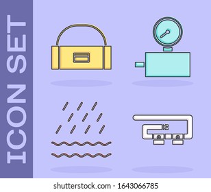 Set Diving belt, Case or box container for wobbler, Rain and waves and Gauge scale icon. Vector