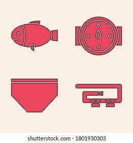 Set Diving belt, Fish, Wind rose and Swimming trunks icon. Vector