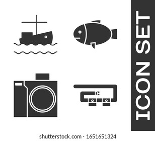 Set Diving belt, Fishing boat on water, Photo camera for diver and Fish icon. Vector