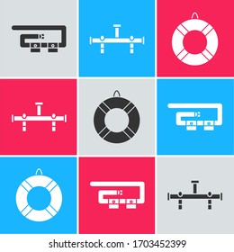 Set Diving belt, Manifold and Lifebuoy icon. Vector