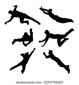 Set of diving catch cricket fielder catch, wicket keeper catch illustration black silhouette Vol 02