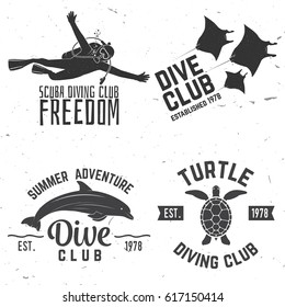 Set of Diving club badges. Vector illustration. Concept for shirt, print, stamp or tee. Vintage typography design with dolphin, diver, black manta and turtle silhouette. Dive club logo templates. 