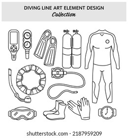 Set of Diving equipment hand drawn vector illustration. Sports icon design template.