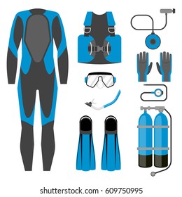 Set of diving equipment icon. Wetsuit, scuba gear and accessories Underwater activity sports item.