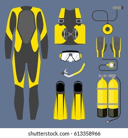 Set of diving equipment icon. Wetsuit, scuba gear and accessories Underwater activity sports item.