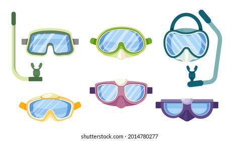 Set of Diving Equipment Snorkeling Masks, Scuba Diver Tools of Different Design. Underwater Glasses, Mouthpiece Tube for Swimming Isolated on White Background. Cartoon Vector Illustration, Icons