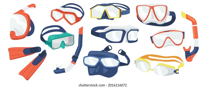 Set of Diving Equipment Snorkeling Masks, Scuba Diver Tools of Different Design. Underwater Glasses, Mouthpiece Tube for Swimming Isolated on White Background. Cartoon Vector Illustration, Icons