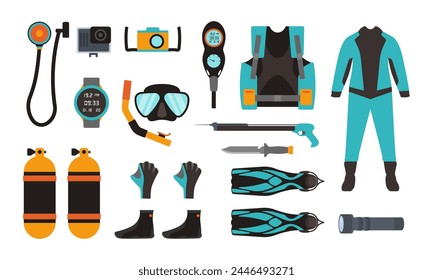 Set von Tauchausrüstung Schnorchelmasken, Taucherwerkzeuge Unterwasserbrille, Mundstückrohr zum Schwimmen, Luftballons, Flossen, Schwimmboje, Messer. Uhr, Handschuhe, Manometer. Cartoon-Vektor-Symbole