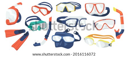 Set of Diving Equipment Snorkeling Masks, Scuba Diver Tools of Different Design. Underwater Glasses, Mouthpiece Tube for Swimming Isolated on White Background. Cartoon Vector Illustration, Icons