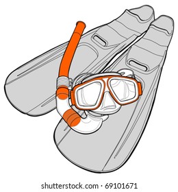 set of diving - flippers and a mask with a tube