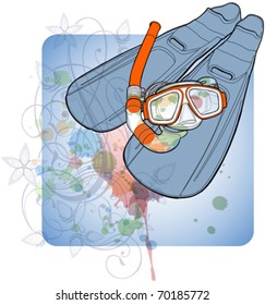 set of diving - flippers and a mask with a tube & floral calligraphy ornament - a stylized orchid, color paint background