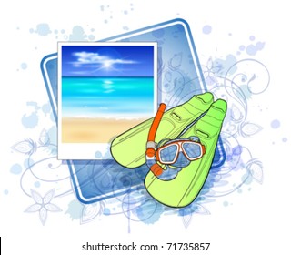 set of diving - flippers and a mask with a tube & floral calligraphy ornament - a stylized orchid, color paint background