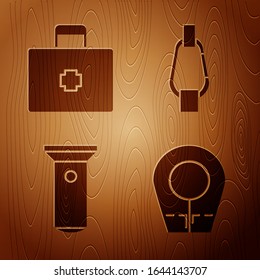 Set Diving hood, First aid kit, Flashlight and Carabiner on wooden background. Vector