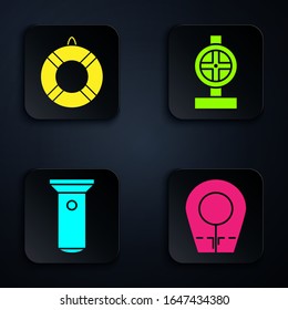 Set Tauchen Kapuze, Lifebuoy, Flashlight und Industrie Metall-Rohre und Ventil. Schwarze Quadrat-Taste. Vektorillustration