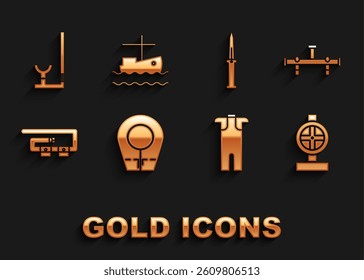 Set Diving hood, Manifold, Industry metallic pipes and valve, Wetsuit for scuba diving, belt, Army knife, Snorkel and Fishing boat on water icon. Vector