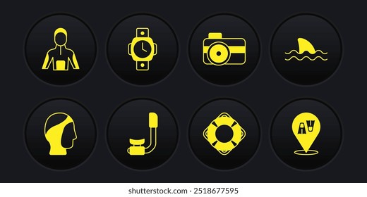 Set Diving hood, Shark, Snorkel, Lifebuoy, Photo camera for diver, watch, Flippers swimming and Wetsuit scuba diving icon. Vector