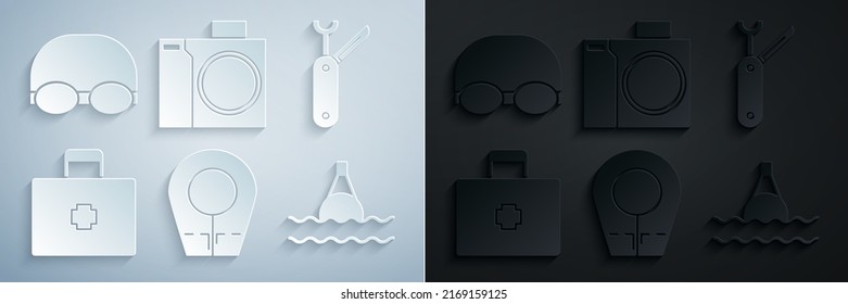 Set Diving hood, Swiss army knife, First aid kit, Floating buoy on the sea, Photo camera for diver and Glasses and cap swimming icon. Vector