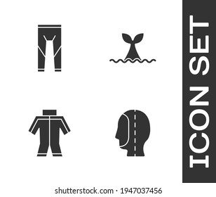 Set Diving hood, Wetsuit,  and Whale tail ocean wave icon. Vector
