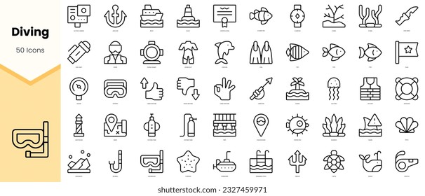 Set of diving Icons. Simple line art style icons pack. Vector illustration