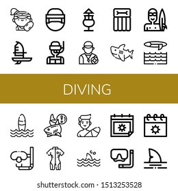 Set of diving icons such as Lifeguard, Windsurf, Hockey helmet, Dive, Mai thai, Airbed, Shark, Surfer, Surf, Neoprene, Summer, Diving mask , diving
