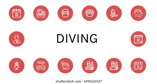 Set of diving icons such as Summer, Floating market, Hockey helmet, Windsurf, Lifeguard, Mai thai, Surf, Surfer , diving