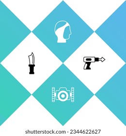 Ajuste el cuchillo de buceo, cámara fotográfica para buceador, capó e icono del arpón de pesca. Vector
