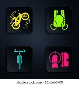 Set Diving mask and aqualung, Bicycle trick, Bicycle and Parachute. Black square button. Vector
