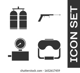 Ajuste máscara de buceo, Aqualung, escala de indicadores e icono de arpón de pesca. Vector