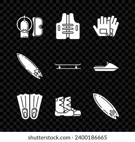 Set Diving mask and aqualung, Life jacket, Gloves, Rubber flippers for swimming, Boots, Surfboard,  and Skateboard icon. Vector