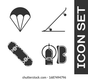 Ponga máscara de buceo y aqualung, paracaídas, truco de skateboard e icono de skateboard. Vector