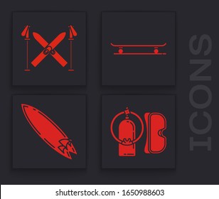 Setzen Sie Tauchmaske und Aqualung, Ski und Stöcke, Skateboard und Surfboard Symbol. Vektorillustration